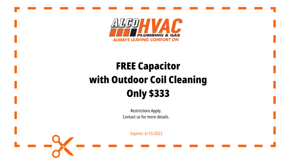 ALCO HVAC Plumbing Gas Flash Sale Coupon Free Capacitor with Outdoor Coil Cleaning for only 333 expires 6-15-23